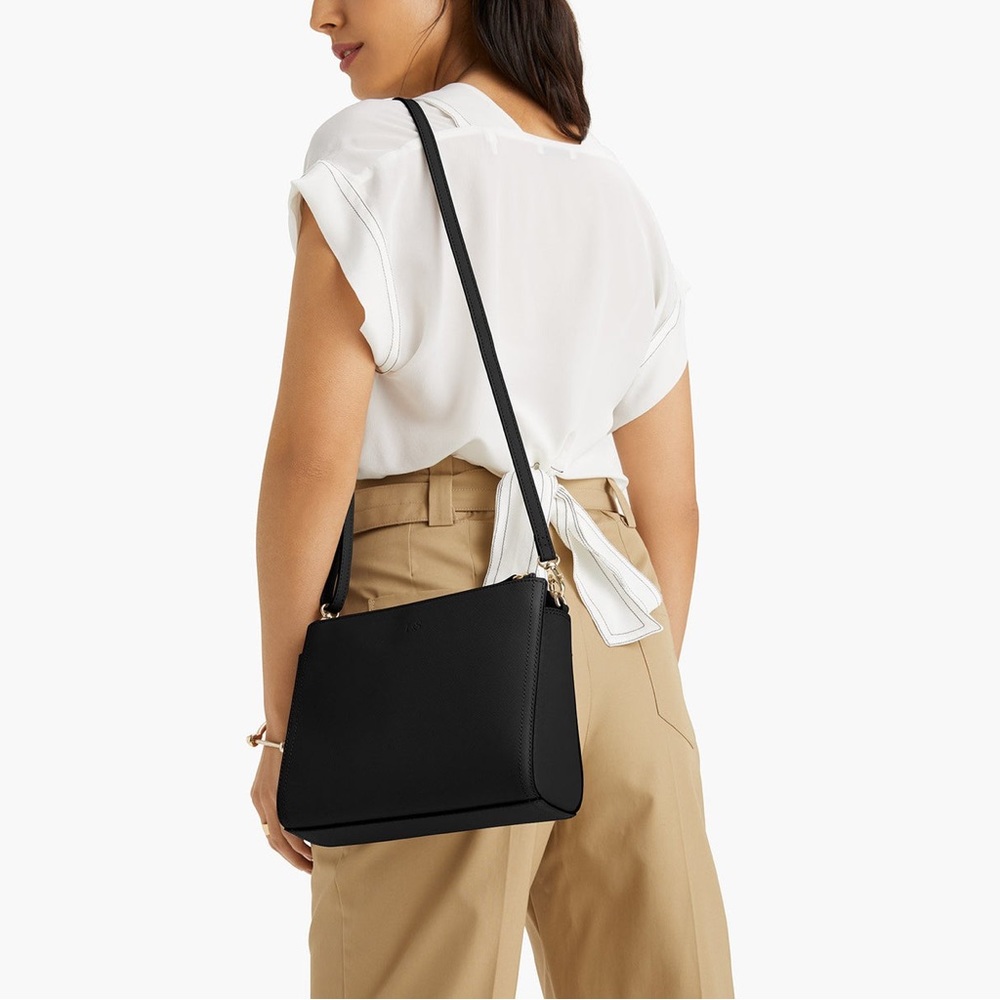 Lo & Sons Pearl Black Saffiano Leather Crossbody Purse with Gold Hardware